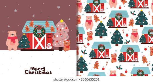 card and pattern cartoon bear with house, christmas vibes and winter stuff. cute cartoon for christmas card