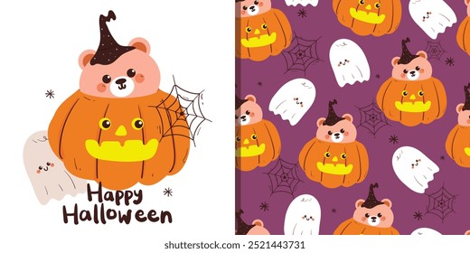 card and pattern of cartoon bear with pumpkin and ghost for halloween. cute card and wallpaper for fabric print, gift wrap paper