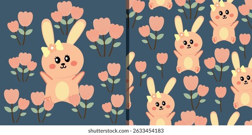 Card and pattern cartoon bunny and tulip pink flower. cute animal pattern for wallpaper, background and gift wrap paper