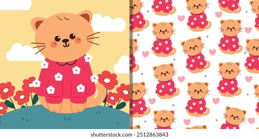 card and pattern of cartoon cat with flowers. cute spring card and wallpaper for fabric print, gift wrap paper 