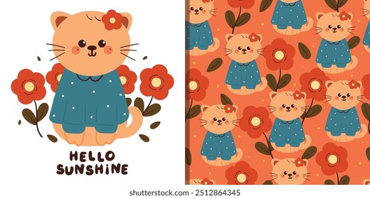 card and pattern of cartoon cat with flowers. cute spring card and wallpaper for fabric print, gift wrap paper 