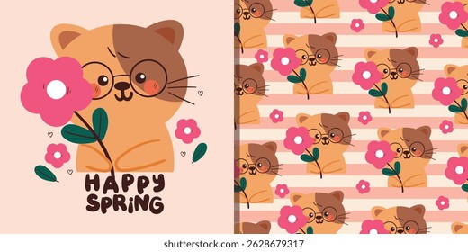card and pattern cartoon cat wearing glasses hold pink flower. cute animal drawing for wallpaper and background