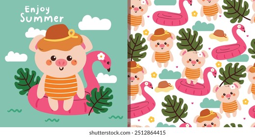 card and pattern of cartoon pig with summer vibes and stuff. cute summer card and wallpaper for fabric print, gift wrap paper