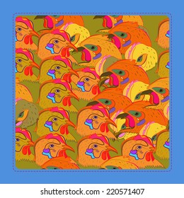 Card with  pattern of chicken heads in a dark yellow rounded rectangle. Handmade.