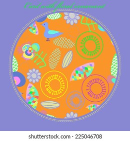 Card with pattern from colored abstract shapes,blue birds, floral motifs, twigs on an orange  circle and green text on a pale blue frame.