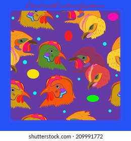 Card with  pattern of colored chicken heads on a purple pale rounded rectangle ,  colored ellipses and red text on a blue frame.Handmade.