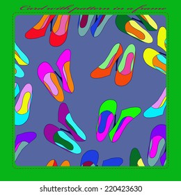Card with  pattern of colored dress shoes on a pale blue rounded rectangle and  pink text. Handmade.