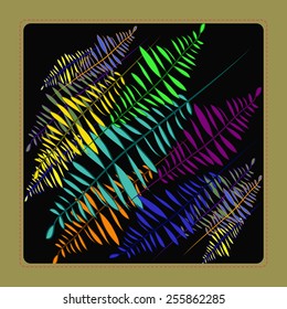 Card with pattern of colored floral motif, leaves on a  black   background. Hand drawn.