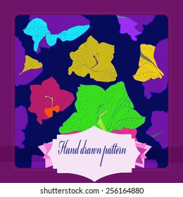 Card with   pattern of colored floral motif, gladioli, label on a  dark blue   background. Hand drawn.