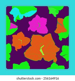 Card with   pattern of colored floral motif, gladioli on a dark pink    background. Hand drawn.