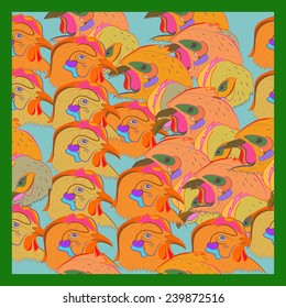 Card with  pattern of colored heads hens, spots on a pale azure background. Handmade.