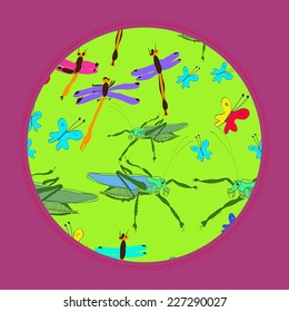 Card with  pattern of colored insects: dragonflies, butterflies, grasshoppers on a light green circle. Handmade.