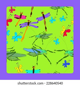 Card with pattern of colored insects: dragonflies, butterflies, grasshoppers on a light green rounded rectangle. Handmade.