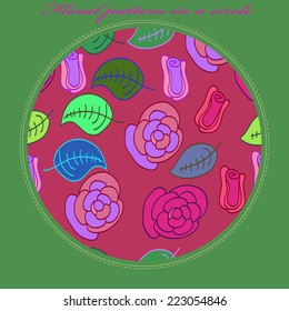 Card with  pattern of colored roses and leaves, buds on a pale pink circle and pink text on a green frame. Handmade.