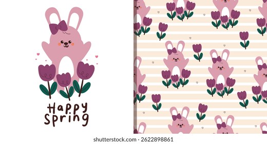 card and pattern cute cartoon bunny and tulip flower. cute animal drawing for card, wallpaper and background