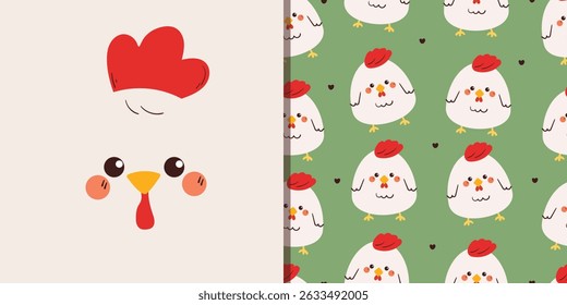 card and pattern cute cartoon chicken. cute animal drawing for card, wallpaper and background