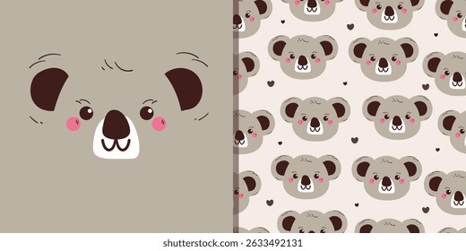 cartão e padrão bonito caricatura koala. bonito desenho animal para cartão, papel de parede e fundo