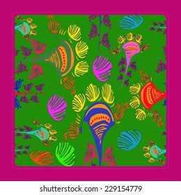 Card with  pattern of fantastic plants with colored buds and leaves on a green rounded rectangle. Handmade.