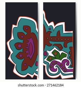 Card with  pattern of floral motif,ellipses,stylized plant, leaves, spiral. Hand drawn.
