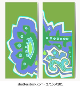 Card with  pattern of floral motif,ellipses,stylized plant, leaves, spiral. Hand drawn.