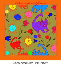 Card with  pattern of floral motifs and  colored cats, sun, circles, smile on a pale yellow rounded rectangle and text. Handmade.