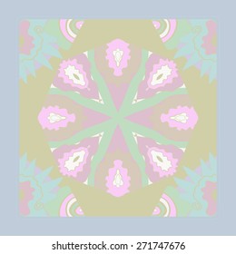 Card with  pattern of floral motif,waves, spiral, frame. Hand drawn.