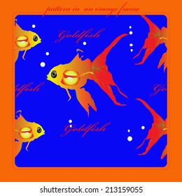 Card with  pattern of goldfish and text on a blue rounded rectangle.