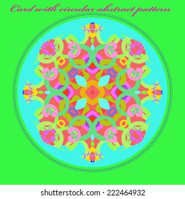 Card with  pattern from multicolored abstract  circular composition in light tones  in a circle and pink text.