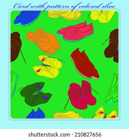 Card with   pattern of multicolored shoes, boots, slippers on a green  rounded rectangle. Handmade.