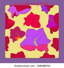 Card with  pattern of pink gladioli on a light yellow rounded rectangle and  pink text on a frame. Handmade.