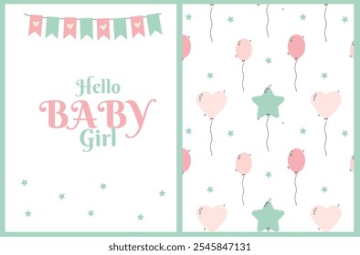 a card and pattern set for a newborn baby girl with balloons and stars in soft colors
