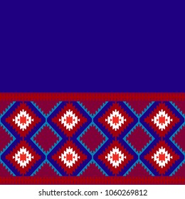 Card pattern in tribal style Turkish carpet navy blue red claret burgundy. Colorful patchwork mosaic oriental kilim rug with traditional folk geometric ornament. Vector