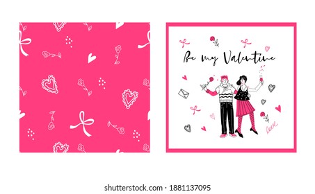 Karte und Muster für den Valentinstag mit liebevoll glücklichem Paar. Design für die Begrüßung Valentiner Ferienkarten und festliche Dekoration, handgezeichnete Vektorgrafik im Doodle-Stil.