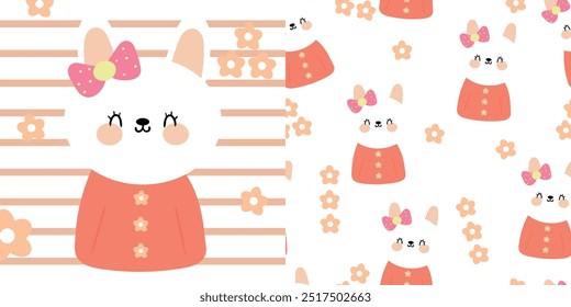Card and pattern of white rabbit wearing ribbon. cute cartoons and wallpapers for fabric prints, gift wrapping paper