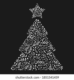 Card with patterned christmas tree.Vector illustration. Manual graphics. 