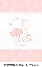Card with patterned pram stroller, pink transparent veil, singing bird, teddy-bear and floral borders. Vector background.