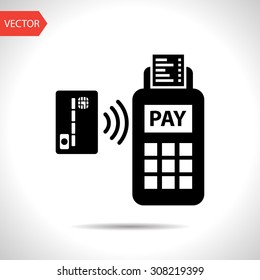 Card Paying Wireless Over POS Terminal. Vector Icon.