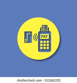 Card paying wirelessly over POS terminal. Vector icon.