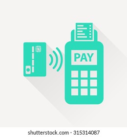 Card paying wirelessly over POS terminal. Vector icon.