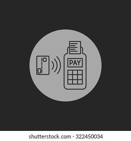 Card paying wirelessly over POS terminal. Vector icon.