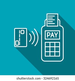 Card paying wirelessly over POS terminal. Vector icon.