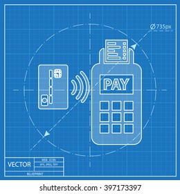 Tarjeta de pago inalámbrico a través del terminal POS. Vector blueprint icon.