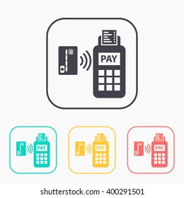 Card paying wirelessly over POS terminal. Vector color icon set. 