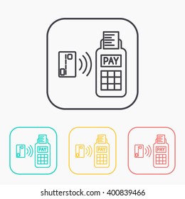 Card paying wirelessly over POS terminal. Vector outline color icon set. 