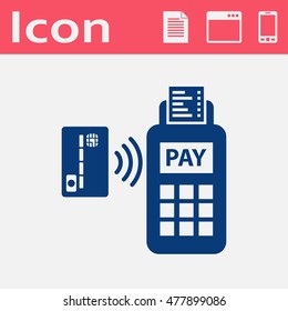 Card paying wirelessly over POS terminal. Vector flat icon.