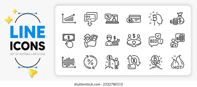 Card, Payment click and Income money line icons set for app include Business growth, Bitcoin project, Coins bag outline thin icon. Fraud, Meeting, Bid offer pictogram icon. Loan percent. Vector
