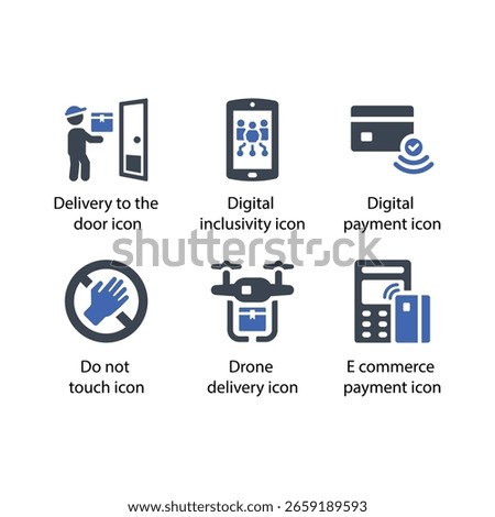 Card payment, Delivery to door, Delivery on time, Digital inclusivity, Digital payment, Do not touch, icon