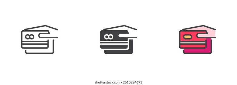 Card Payment different style icon set. Line, glyph and filled outline colorful version, outline and filled vector sign. Hand holding credit card symbol, logo illustration. Vector graphics