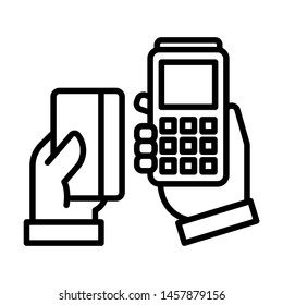 Card payment icon. Card swipe machine with hands. Stroke outline style. Vector. Isolate on white background.