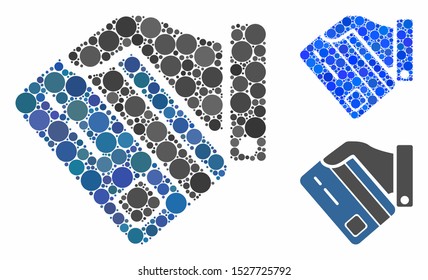 Card payment mosaic of round dots in variable sizes and color hues, based on card payment icon. Vector round dots are grouped into blue mosaic. Dotted card payment icon in usual and blue versions.